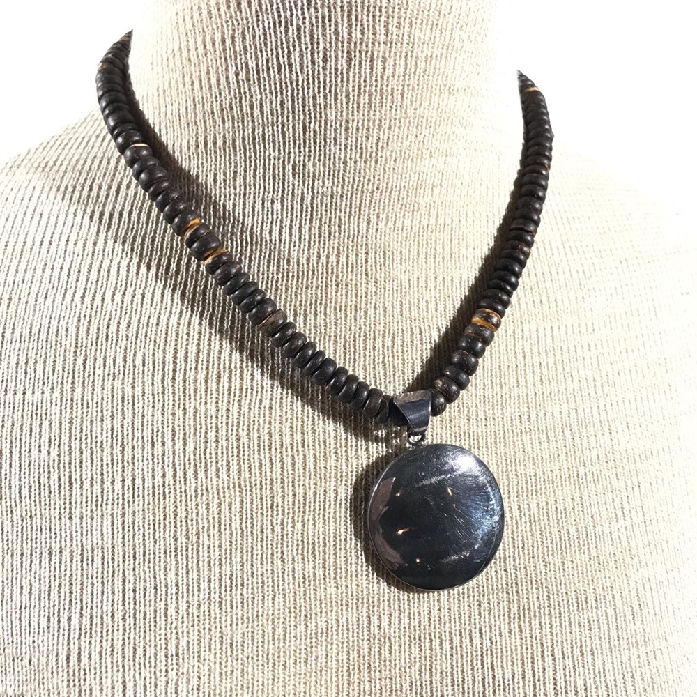 Wooden Beaded 18” Necklace w/ Silver Pendant